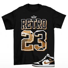 Retro 23 Jordan 1 Mid Black Gold Sneaker Matching Tee Shirt  The unisex heavy cotton tee is the basic staple of any wardrobe. It is the foundation upon which casual fashion grows. All it needs is a personalized design to elevate things to profitability. The specially spun fibers provide a smooth surface for premium printing vividity and sharpness. No side seams mean there are no itchy interruptions under the arms. The shoulders have tape for improved durability. .: 100% cotton (fiber content may vary for different colors) .: Medium fabric (5.3 oz/yd² (180 g/m .: Classic fit .: Tear-away label .: Runs true to size Our custom designs are printed on Gildan t-shirts/sweatshirts. This is a custom item. We do not start production on this item until you make your purchase. *Please message us befo 23 Jordan, Jordan 1 Mid Black, Unique Sneakers, Jordan Retro 1, Gold Sneakers, Sneaker Match Tees, Retro 1, Matching Tees, Matching Jordans