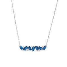 This Emerald Cut Blue Sapphire Bar Necklace features a delicate chain and a horizontal bar with beautiful blue sapphires in a zigzag pattern, accented by sparkling diamonds. Diamonds Direct, Zigzag Pattern, Delicate Chain, Fine Jewelry Designers, Diamond Pendant Necklace, Mens Jewelry Bracelet, Diamond Bracelets, Pendant Bracelet, High Jewelry