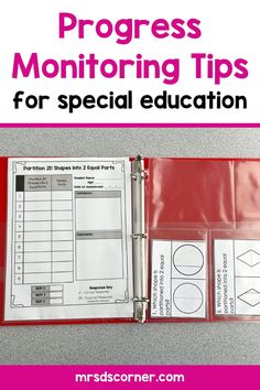 a binder with the words progress monitoring tips for special education on it and an image of