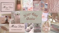 a collage of pink and white items including perfumes