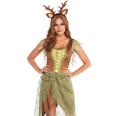 a woman wearing a costume with deer antlers on it's head and legs