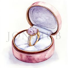 a drawing of a pink diamond ring in a box with its lid open and inside