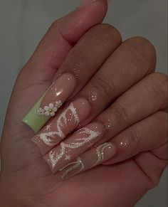 Quinceanera Nails, Green Acrylic Nails, Green Nail, Long Square Acrylic Nails, Square Acrylic Nails