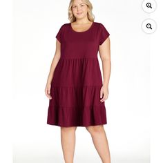 Merlot Wine, Pullover, Pockets, Crewneck, Short Sleeves, Relaxed Fit, Comfortable, Tiered, Cotton, Size Xxl/20 Casual Burgundy Short Sleeve Dress, Casual Burgundy Midi Dress, Casual Burgundy Midi Dress For Summer, Merlot Wine, Dresses Xxl, 20's Dress, Pocket Dress, Merlot, New Color