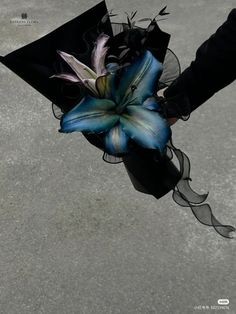 a person holding a black and blue flower in their left hand on the ground with an umbrella attached to it