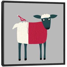 a sheep wearing a red sweater with a bird on it's back, standing in front of a gray background