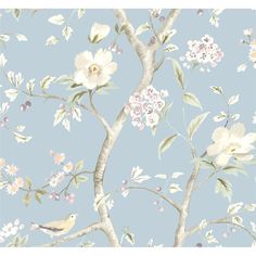 a blue wallpaper with white and pink flowers on it's branches in front of a light blue background