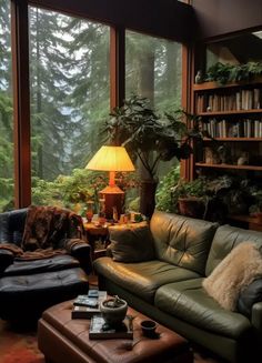 a living room filled with furniture and a large window next to a book shelf full of books