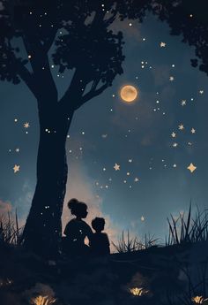 two people sitting under a tree watching the stars