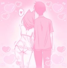 two people standing next to each other with hearts on the wall in the back ground