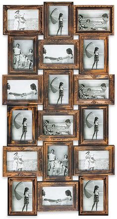 a group of framed pictures hanging on the side of a wall next to each other