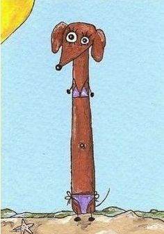 a drawing of a dog standing on top of a wooden pole in the sand under a yellow sun