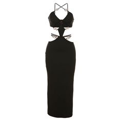 Make a timeless statement in this black Cut Out Tie Backless Cami Bodycon Dress. Crafted with cut out details and a maxi length, this dress is designed to hug the curves and create a look of effortless elegance. Perfect for an evening event or night out. Fit Type: Slim Fit Fabric: High Stretch Material: 95% Polyester, 5% Elastane Black Maxi Dress With Cut-out Waist For Evening, Fitted Black Maxi Dress With Hollow Out Details, Halter Neck Cutout Maxi Dress For Night Out, Black Cut-out Waist Evening Dress, Black Bodycon Backless Maxi Dress, Fitted Hollow Out Maxi Dress For Night Out, Black Evening Dress With Cut-out Waist, Black Cut-out Waist Maxi Dress For Party, Black Maxi Dress With Cut-out Waist For Party