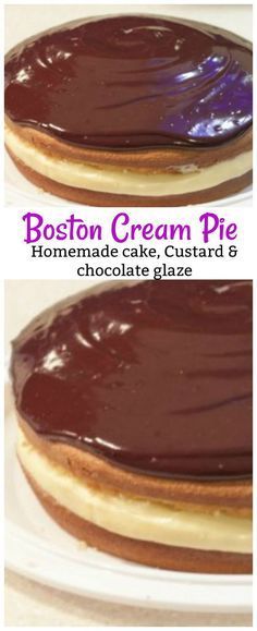 boston cream pie homemade cake, custard & chocolate glaze on the bottom