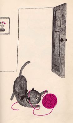 a drawing of a cat with a ball of yarn in front of an open door