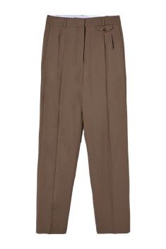 Coffee-brown shade, wool straight leg trousers with front pleats, two seam pockets, one coin pocket and two jetted pockets. Knee-length lining and striped poplin waistband. MATERIAL 100% WO SIZE & FIT Model wears size XS, high waist. Waist: 33cmHip: 44cmBottom width: 19cmLength: 110cm Classic Brown Dress Pants For Office, Classic Brown Bottoms For Office, Classic Brown Office Bottoms, Brown Pressed Crease Office Bottoms, Brown Straight Hem Dress Pants For Business Casual, Brown Office Pants With Pressed Crease, Brown Tapered Leg Dress Pants For Office, Brown Dress Pants With Pressed Crease For Work, Brown Dress Pants With Straight Hem For Business