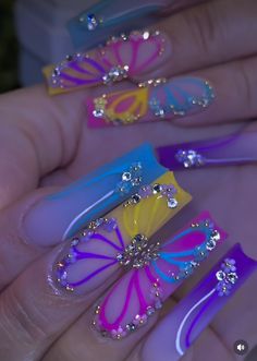 Acrylic Nail Ideas With Rhinestones, Rhinestone Nails Colorful, Neon Rhinestone Nails, Long Neon Nails With Rhinestones, Multicolor Rhinestone Nails, 90s Inspired Nails, Multi Color Rhinestone Nails, Bedazzled Nails, Nail Designs Bling