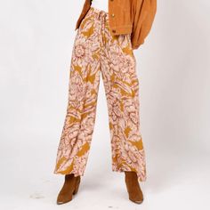 Band Of The Free Arizona Gold Floral Wide Leg Pants Hand Wash, Line Dry Coming From A Smoke Free & Animal Friendly Home Fall Floral Print Loungewear Pants, Floral Print Loungewear Pants For Fall, Floral Print Bottoms For Vacation In Fall, Floral Print Bottoms For Fall Vacation, Fall Vacation High-waisted Pants, High-waisted Pants For Fall Vacation, Floral Print Fall Bottoms For Loungewear, Floral Print Bottoms For Fall Loungewear, Fall Floral Print Loungewear Bottoms