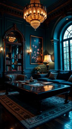 a living room filled with furniture and a chandelier