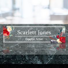 a marble counter top with flowers on it and the words scarlett jones graphic artist