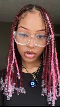 Short Blonde Box Braids With Beads, Pink Box Braids With Beads, Types Of Braids Hairstyles Black, Red Box Braids With Beads, Lollapalooza Hair, Half And Half Braids, Raindrop Braids, Short Braid Styles, Pastel Braids