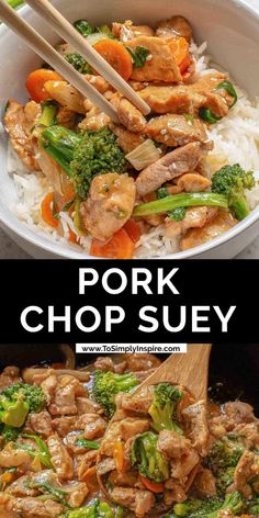 pork and broccoli stir fry in a white bowl with chopsticks over rice