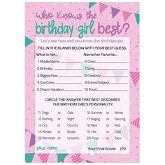 a pink birthday card with the words, who knows the birthday girl best?