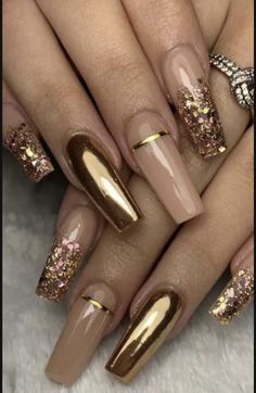 some gold and brown nail designs with glitter on them