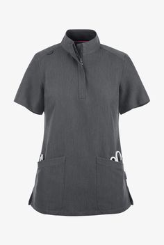 Sleek and up-to-date, this Mock Neck Top features a quarter-zip closure hidden behind a neat covered placket. Darts front and back give it great shape, and you’ll find 6 pockets to manage your essentials. Each piece in our Movement by Butter-Soft Collection is built with our innovative 4-way stretch fabric for a modern, flattering fit that also repels lint, fur, and hair. • Modern fit • Stand collar • Quarter-zip front closure • Refined covered placket • Total of 6 pockets • 4 angled front pocke Collared Outdoor Tops With Side Pockets, Collared Tops With Side Pockets For Outdoor, Black Half-zip Top With Pockets, Functional Fitted Tops With Pockets, Fitted Tops With Pockets, Fitted Gray Tops With Pockets, Gray Fitted Tops With Pockets, Medical Scrubs Outfit, Scrubs Outfit