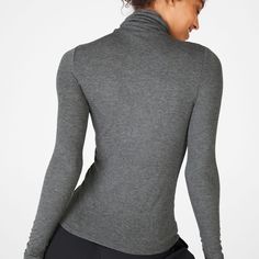 Jess L/S Turtleneck Top - Black Heather Size Medium/8 Stretch Gray Tops For Pilates, Gray Athleisure Tops For Pilates, Versatile Gray Workout Top, Gray Gym Tops For Fall, Fitted Sporty Top In Heather Grey, Fitted Sporty Heather Grey Tops, Sporty Fitted Heather Grey Tops, Versatile Gray Activewear For Fall, Gray Workout Tops For Fall