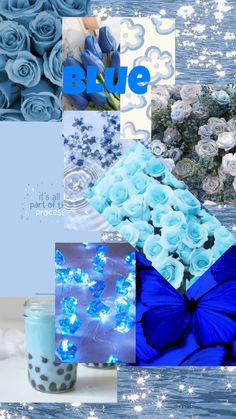 blue is the color of the year in this collage with flowers and candles,