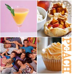 there are pictures of food and drinks in this collage, including cupcakes