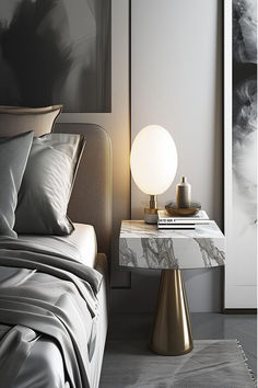 Contemporary bedroom with a round marble bedside table and a stylish globe lamp, showcasing modern bedside table ideas. Roman Bedroom, Night Table Decor, Contemporary Bedside Table, Creative Bedside Table, Bedside Table Ideas, Pottery Plant Pot