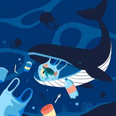 an illustration of a whale swimming in the ocean surrounded by plastic bottles and other trash