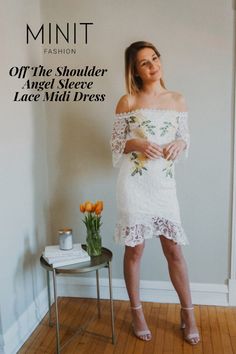 Elegant Lace Midi Dress with Off-The-Shoulder Neckline: The medium-weight lace knit material of this dress offers a fitted look across the off-the-shoulder bodice. The bodycon fit enhances your hourglass shape and the sheer ruffled midi hem adds an elegant touch. White Graduation Party, White Graduation Dress, Bell Bottom Sleeves, Plain White Dress, White Dresses Graduation, Engagement Party Dresses, White Lace Midi Dress, Graduation Party Dresses, Crochet Midi Dress