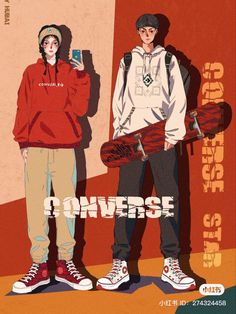 two people standing next to each other with skateboards in their hands and the words converse above them