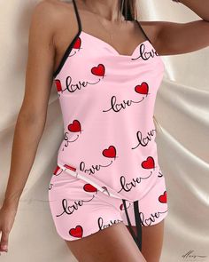 Elluis - Charming Love Heart Print Sleeveless Drawstring Cami Set Pj Ideas, Loungewear Outfits, Cute Sleepwear, Heart Letter, Letter Decoration, Cami Set, Long Bodycon Dress, Chic Type, Sleep Wear