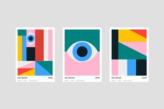 three posters with different colors and shapes on the same page, one has an eye