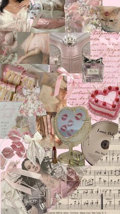 a collage of pink and white images with music, cake, perfume bottles, and other items