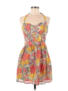 Guess Casual Dress Size: 8 Yellow Dresses - used. 100% POLYESTER, Halter, Print, Short, Sleeveless | Guess Casual Dress: Yellow Print Dresses - Used - Size 8 Retro Sleeveless Halter Dress For Summer, Multicolor Floral Print Strapless Sundress, Cotton Halter Neck Dress With Floral Print, Multicolor Halter Neck Mini Dress For Garden Party, Fitted Multicolor Halter Dress For Spring, Vintage Sleeveless Halter Dress For Summer, Cotton Sleeveless Halter Dress For Day Out, Sleeveless Mini Dress With Floral Print, Vintage Sleeveless Mini Dress For Garden Party