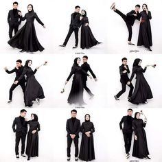 a man and woman dressed in black are posing for pictures with their arms around each other