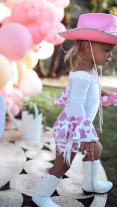 // w e s t e r n Rodeo Themed Third Birthday, Cow Birthday Party Outfit, One Year Old Cowgirl Photoshoot, Girly Cowgirl Party, Disco Cowgirl First Birthday Outfit, Cowgirl Outfits Birthday Party, Baby Cowgirl Outfit, Cowgirl Two Year Old Birthday, 2 Year Birthday Theme Cowgirl