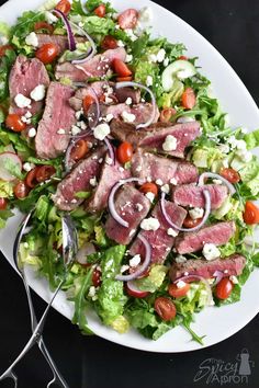 steak salad with blue cheese and crumbles is shown in two different pictures, one on