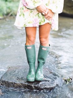 girl wearing green hunter boots and floral dress http://itgirlweddings.com/georgian-engagement-session/ Green Hunter Boots, House Of Worth, Spring Rain, Rain Gear, Wellington Boots, Wear Green, April Showers, Wet Weather, Girls Wear