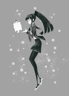 a woman in black and white is holding a small cat with snowflakes around her