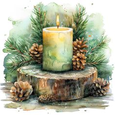 a watercolor painting of a lit candle surrounded by pine cones and evergreen needles on a tree stump