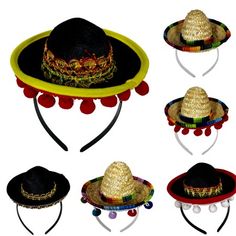 four hats with pom poms on them are shown in different colors and sizes