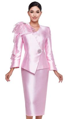 Serafina 4045 pink skirt suit Pink Satin Fabric, Suit Colors, Peplum Designs, Ladies Suits, Twill Skirt, Church Suits, Professional Event, Denim Maxi Dress, Suit For Women