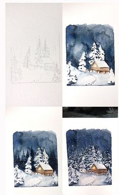 four pictures of snow covered trees and houses in different stages of being drawn with watercolors