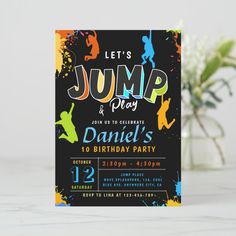 a birthday party card with the words jump and paint splattered on it